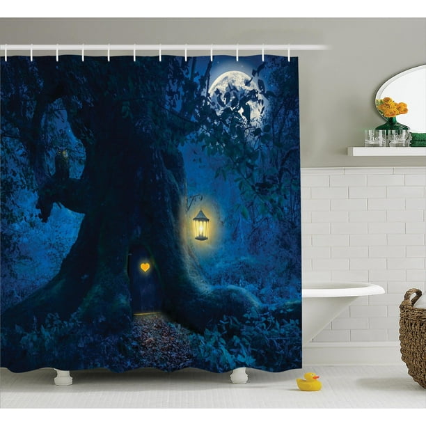 Navy Blue Shower Curtain Ancient Tree in Woods Print for Bathroom